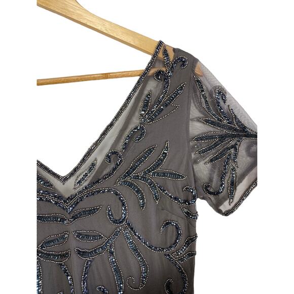 NWOT Pisarro Nights Illusion Beaded Mesh Maxi Gown Dress in Aluminum, Size 6 - Picture 16 of 16